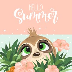 Summer postcard with a cute sloth on the background. A handwritten greeting "Hello Summer". Vector illustration. © Tasha