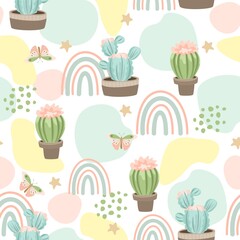 Seamless pattern with cute cactus on a summer background. Vector illustration.