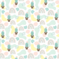 Seamless pattern with cute cactus on a summer background. Vector illustration.