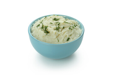 Bowl of mashed potatoes isolated on white background
