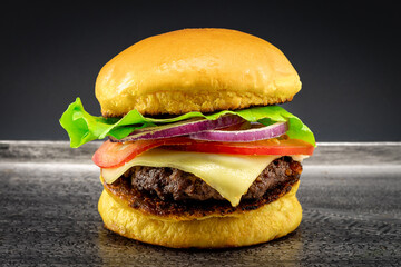 Photo of a salad burger with brioche bread