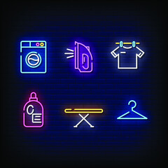 Laundry Symbol Neon Signs Style Vector