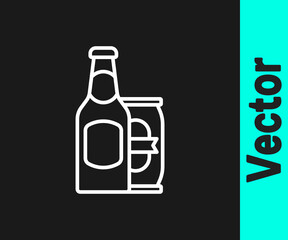 White line Beer bottle and beer can icon isolated on black background. Vector