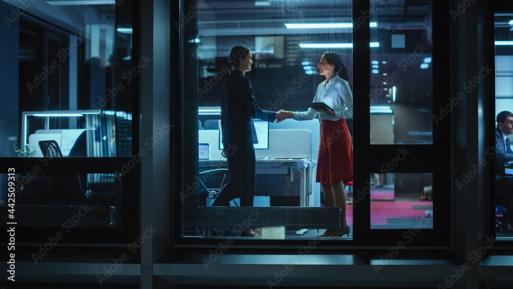 Poster shot from outside: two businesswomen meet and shake hands in office. managers standing by the window