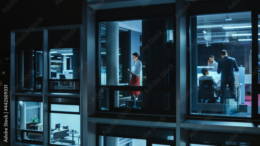 Poster Shot from Outside: Businesswoman Working on a Tablet Computer in the Office. Manager Checking Emails while Standing by the Window. Employee Planning Financial Tasks and Business Development.