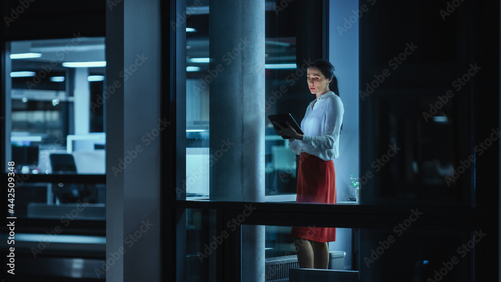 Poster Shot from Outside: Businesswoman Working on a Tablet Computer in the Office. Manager Checking Emails while Standing by the Window. Employee Planning Financial Tasks and Business Development.