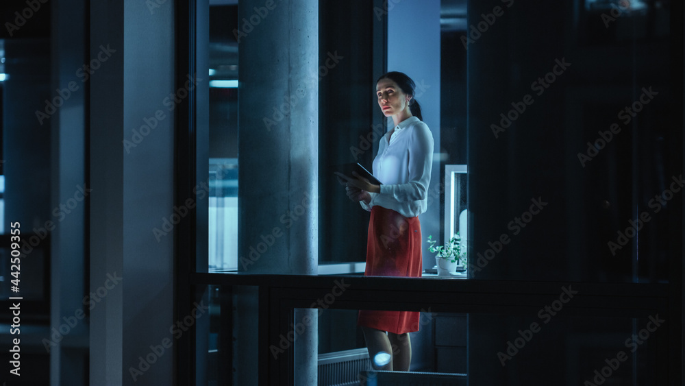 Aufkleber Shot from Outside: Businesswoman Working on a Tablet Computer in the Office. Manager Checking Emails while Standing by the Window. Employee Planning Financial Tasks and Business Development.