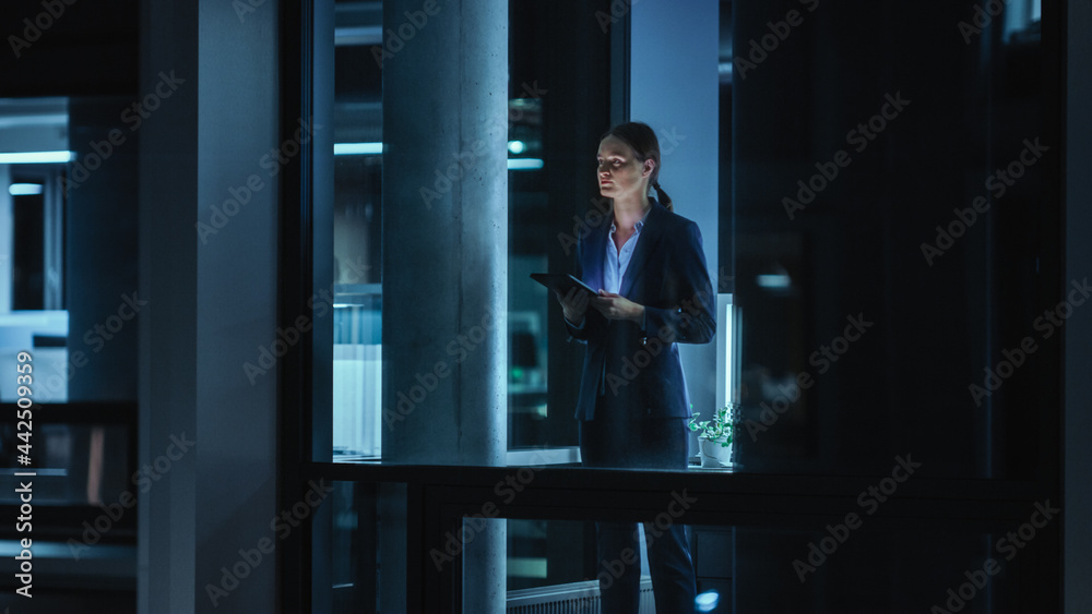 Poster Shot from Outside: Businesswoman Working on a Tablet Computer in the Office. Manager Checking Emails while Standing by the Window. Employee Planning Financial Tasks and Business Development.