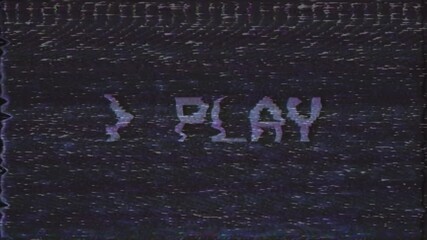 Old damaged VHS tape playing with PLAY text message on screen, retro technology background with analog video artifacts