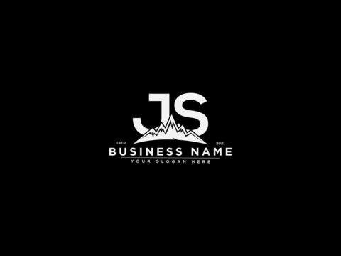 Letter JS Logo, mountain js logo icon vector for river forest hill landscape silhouette image design