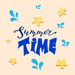 Summertime, digital handwriting, lettering, blue letters, light yellow stars, blue water drops,  pink background. Vector illustrations, modern design. Summer illustration, banner, poster, postcard