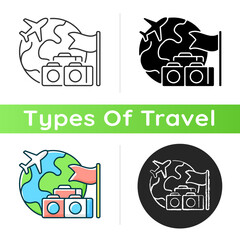 Group tour icon. Collective planning for journey abroad. Trip together to abroad country. Tourism industry category. Linear black and RGB color styles. Isolated vector illustrations