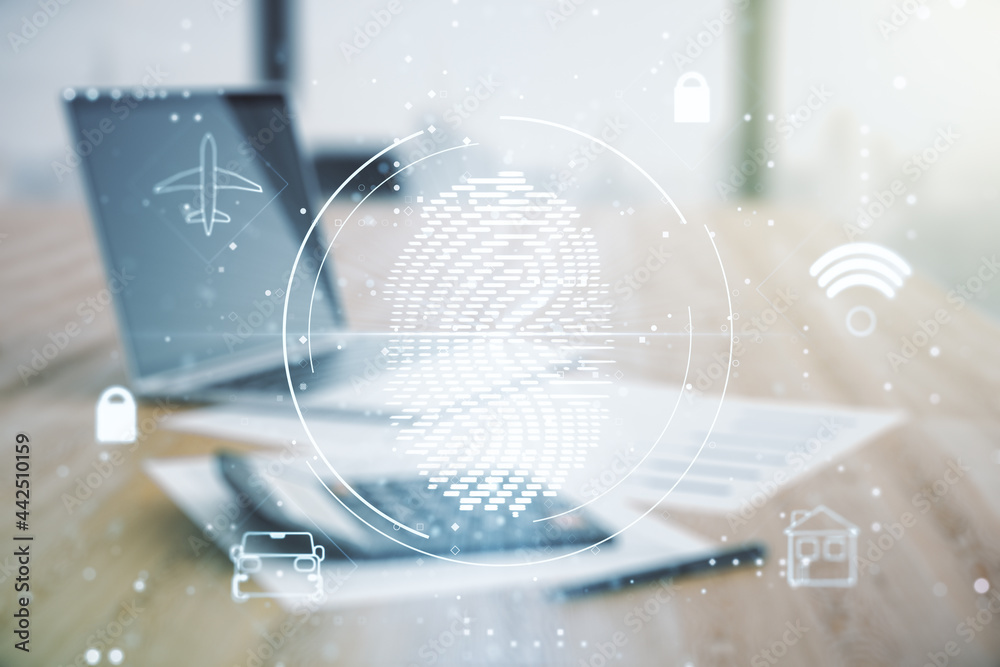 Poster Multi exposure of virtual creative fingerprint hologram on blurry calculator with laptop background, personal biometric data concept