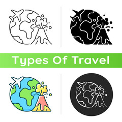 Disaster travel icon. Extreme journey for adrenaline. Volcano eruption exploration. Visit foreign country. Tourism industry category. Linear black and RGB color styles. Isolated vector illustrations