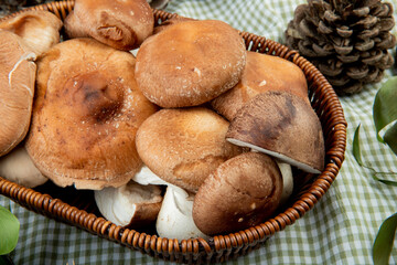 side view of fresh mushrooms in a wicker basket on rustic background