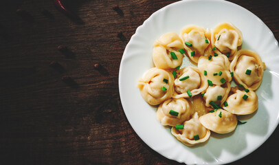 Meat dumplings - russian pelmeni, ravioli with meat on plate on a wooden background