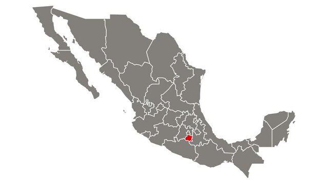 Morelos state blinking red highlighted in map of Mexico