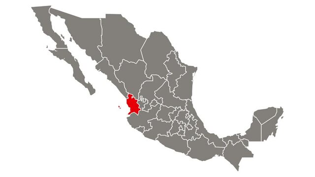 Nayarit state blinking red highlighted in map of Mexico
