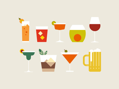 Drinks Color Icon Set. Variety Of Alchoholic And Non Alcoholic Cocktails, Drinks In Glasses. Bar Drinks Illustration.