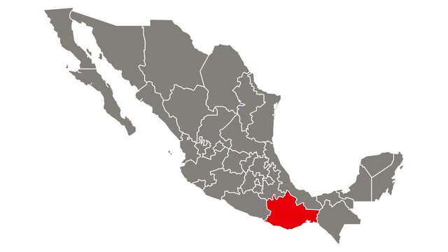 Oaxaca state blinking red highlighted in map of Mexico