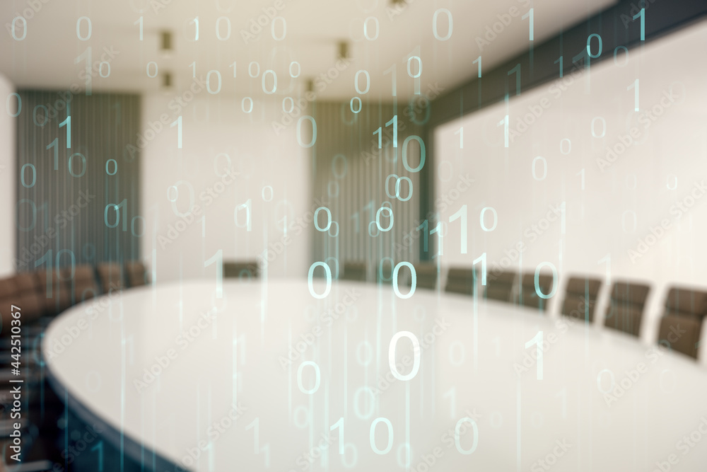 Poster abstract virtual binary code hologram on a modern coworking room background, ai and machine learning