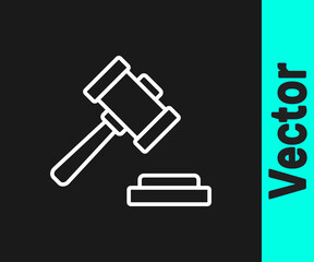 White line Judge gavel icon isolated on black background. Gavel for adjudication of sentences and bills, court, justice. Auction hammer. Vector