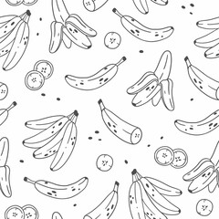Black and white seamless pattern with bananas in cute cartoon doodle style. Illustration with slices of bananas, bunch of bananas, cut banana.