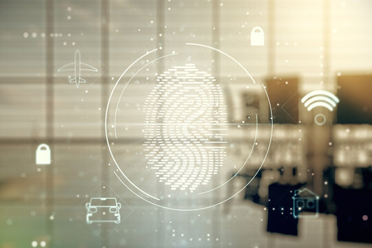 Multi exposure of virtual fingerprint scan interface on a modern furnished office interior background, digital access concept