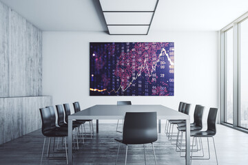 Abstract creative financial chart and world map on presentation tv screen in a modern meeting room, research and analytics concept. 3D Rendering