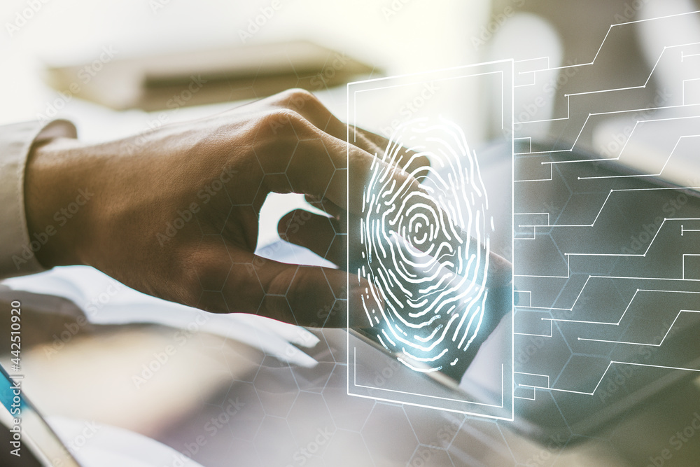 Aufkleber double exposure of abstract creative fingerprint hologram with finger clicks on a digital tablet on 