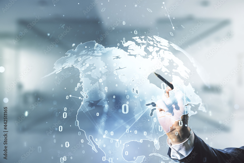 Poster man hand with pen working with abstract virtual coding concept and world map on blurred office backg