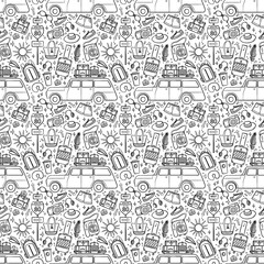 Obraz premium Travel and vacation seamless pattern with travel elements. Seamless pattern for design, posters, backgrounds vacation and trip theme. Car, suitcase, camera in line style.