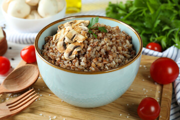 Concept of tasty eating with buckwheat, close up