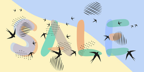 Summer banner. Seashore, sand, birds, lettering Sale. Hand drawn letters. Spots, dot strokes. Vector illustration of pastel soft colors.