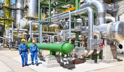 group of industrial workers in a refinery - oil processing equipment and machinery