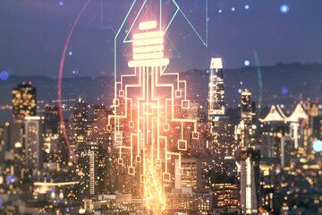 Virtual creative light bulb illustration with microcircuit on San Francisco cityscape background,...