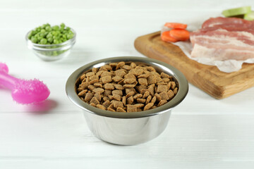 Concept of organic pet food on wooden background