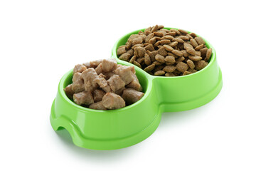 Pet food in bowls isolated on white background