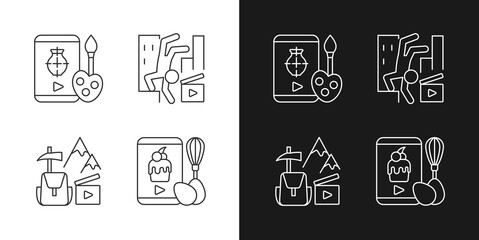 Internet video linear icons set for dark and light mode. Drawing tutorial. Parkour footage. Travel vlog. Customizable thin line symbols. Isolated vector outline illustrations. Editable stroke