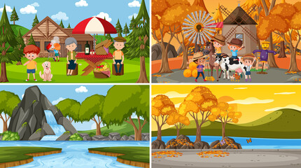 Fototapeta premium Four different scenes with children cartoon character