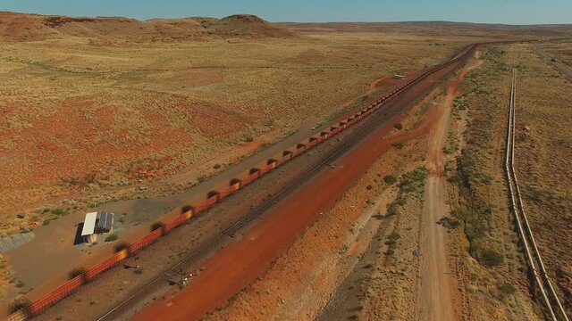 Indian Pacific Railway. Aerial view of a freight train traveling through the Australian steppe.