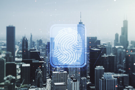 Abstract virtual fingerprint illustration on Chicago cityscape background, personal biometric data concept. Multiexposure