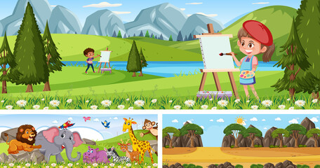 Fototapeta premium Set of different outdoor panoramic landscape scenes with cartoon character