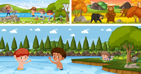 Obraz na płótnie Canvas Set of different outdoor panoramic landscape scenes with cartoon character
