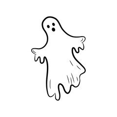Simple Halloween Ghost in doodle style, great design for any purposes. Fantasy сartoon character. Vector illustration isolated on white background.
