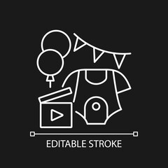 Baby shower party video white linear icon for dark theme. Newborn gender reveal vlog. Thin line customizable illustration. Isolated vector contour symbol for night mode. Editable stroke