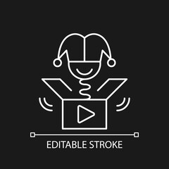 Prank videos white linear icon for dark theme. Funny content. Laughing at jokes online. Thin line customizable illustration. Isolated vector contour symbol for night mode. Editable stroke