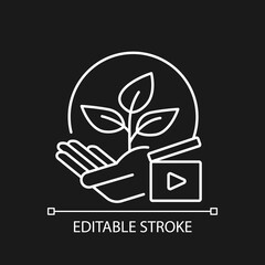 Environmental awareness videos white linear icon for dark theme. Green activism campaign. Thin line customizable illustration. Isolated vector contour symbol for night mode. Editable stroke