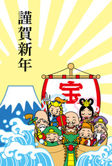 宝船に乗った可愛い七福神の年賀状テンプレート　富士山　初日の出　海