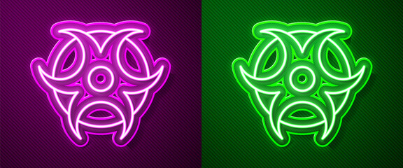 Glowing neon line Biohazard symbol icon isolated on purple and green background. Vector